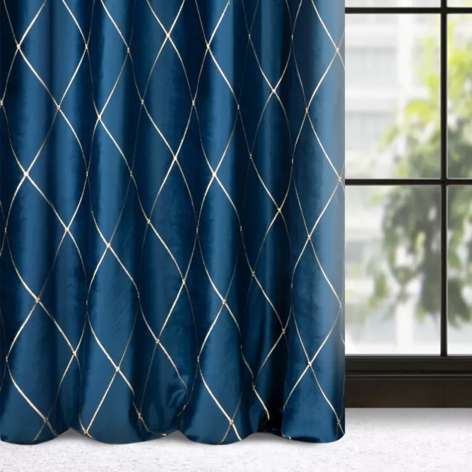 Zasłona welwetowa granatowo, złota haftowana w duże karo 140x250 przelotka - MARGO - Pierre Cardin
