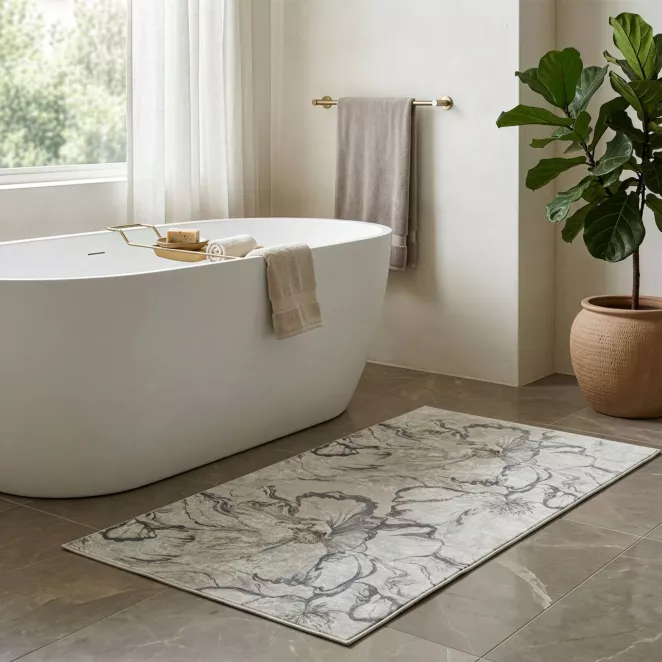 Dywan 50x80 cm szaro, kremowy z motywem kwiatów LOTUS 1