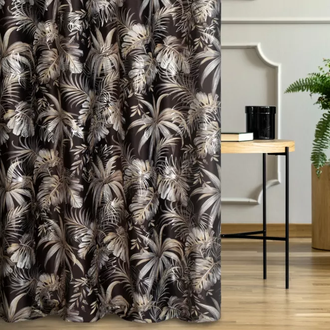 Tkanina zasłonowa miękka, welwetowa, z nadrukowanym motywem botanicznym i błyszczącymi elementami