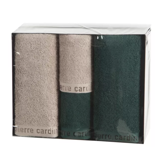 Zestaw ręczników bawełnianych na prezent 2 szt 30x50 cm,2 szt 50x90 cm kolor ciemnobeżowy, ciemnozielony z kolekcji Pierre Cardin