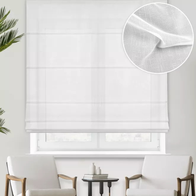 Roleta rzymska biała z efektem deszczyku, wykończona obciążnikiem
