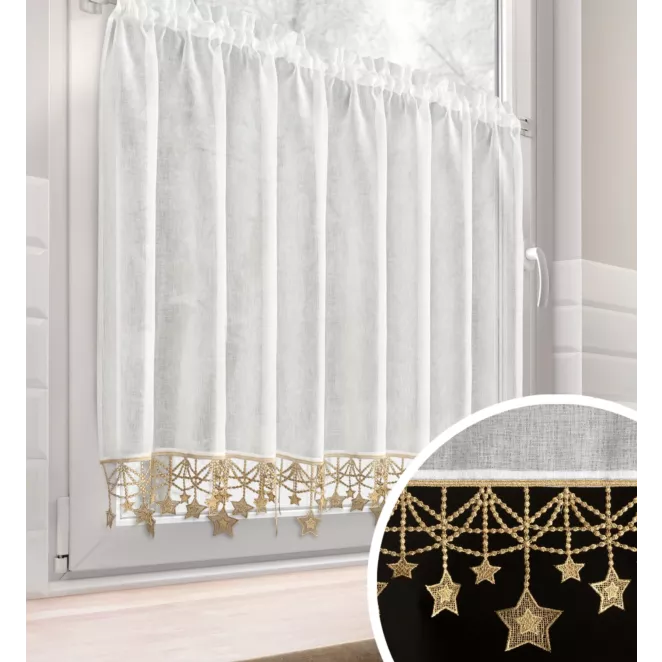 Zazdrostka biało, złota z etaminy zdobiona świątecznymi gwiazdkami 150x90 cm tunel - XMAS
