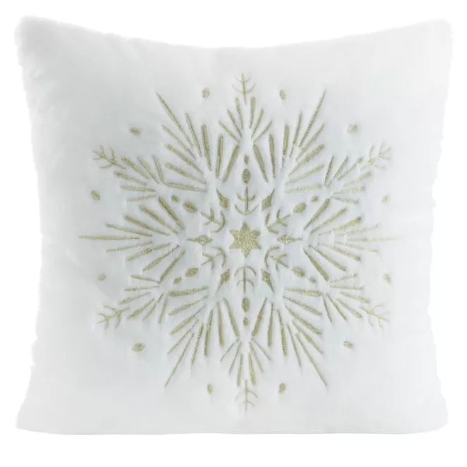 Poszewka na poduszkę świąteczna 45x45 cm biało, szampańska z przyjemnego futerka zdobiona haftem śnieżynki
