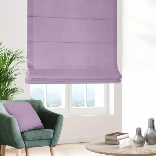 Roleta rzymska ENYA liliowa z miękkiej półmatowej tkaniny welwetowej