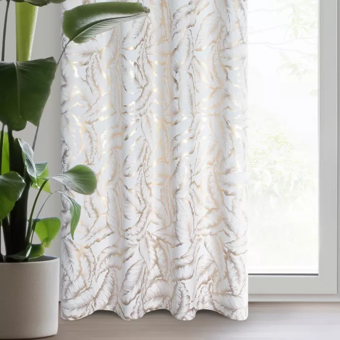 Zasłona biało szampańska zdobiona nadrukiem liści 140x250 cm złota przelotka - MILENA