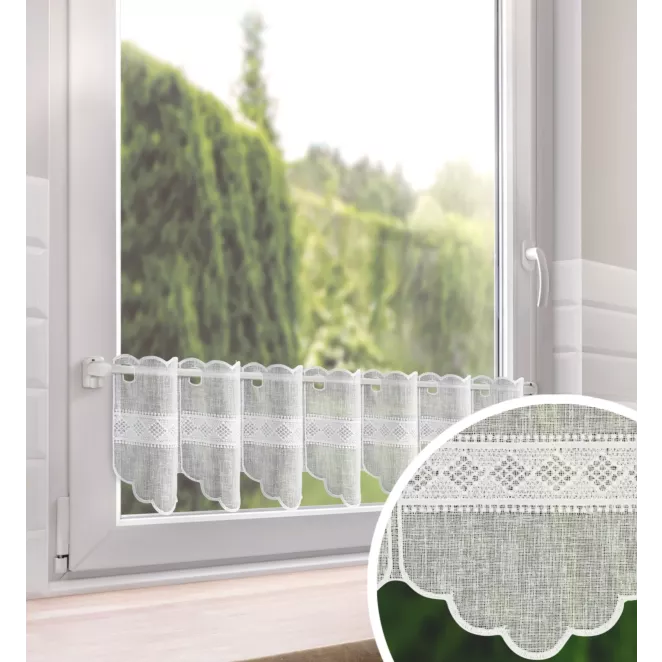 Tkanina firanowa zazdrostka zdobiona haftem geometrycznym