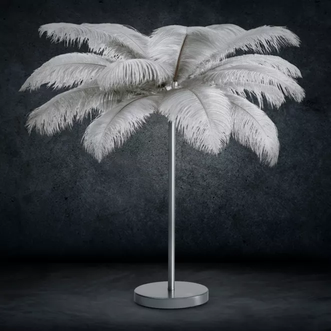 Lampa stojąca do salonu srebrna FERI na metalowej podstawie z niezwykle efektownym abażurem z naturalnych strusich piór