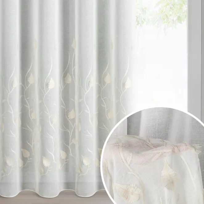 Firana biała z etaminy zdobiona haftem roślinnym 140x250 cm przelotka - BROKLYN