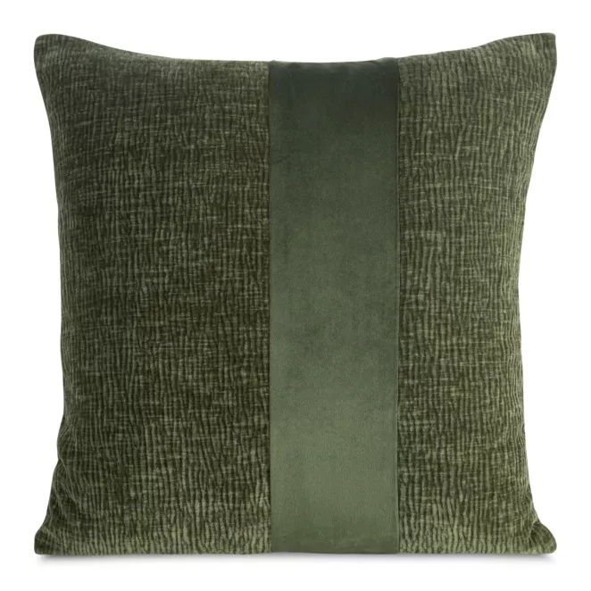 Poszewka na poduszkę 45x45 cm oliwkowa szenilowa zdobiona pasem z welwetu CARLA 01
