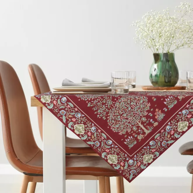 Obrus czerwono, beżowy 100x100 cm gobelinowy zdobiony żakardowym wzorem drzewka - kolekcja AMAROSA