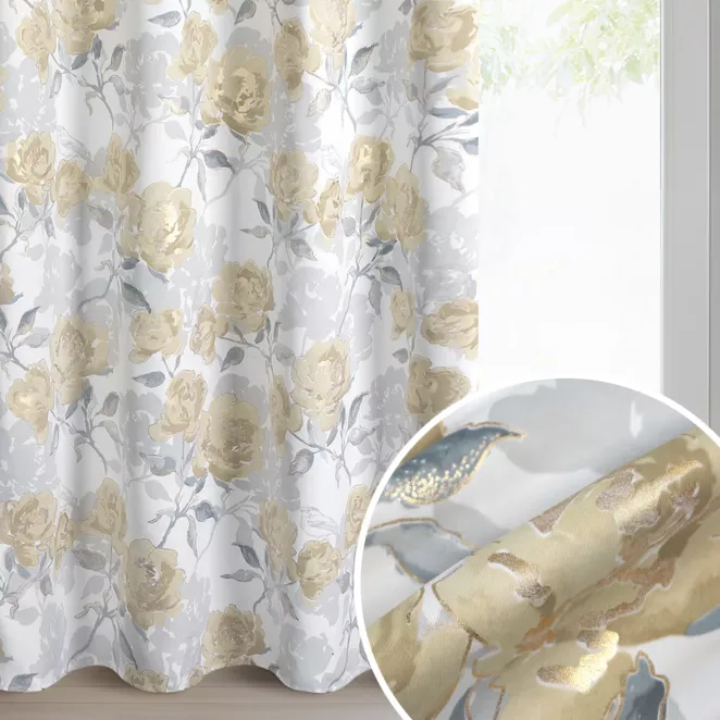 Zasłona srebrno, musztardowa z tkaniny zaciemniającej zdobiona nadrukiem kwiatów i złotym wykończeniem 140x250 cm przelotki - INARI