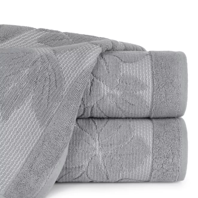 Ręcznik do rąk 30x50 cm bawełniany kolor stalowy z wytłaczaną bordiurą w kwiaty 500 g/m2 ROSE