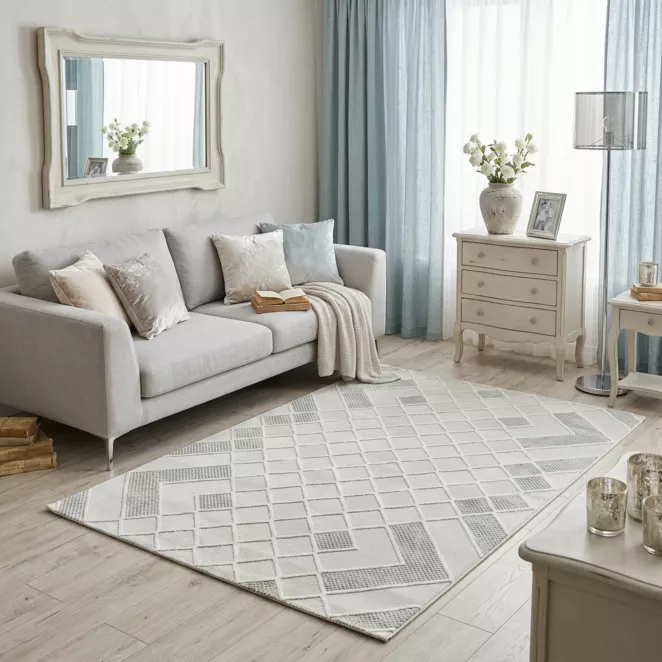 Dywan 60x100 cm kremowo, niebieski zdobiony geometryczną mozaiką CRYSTAL 5