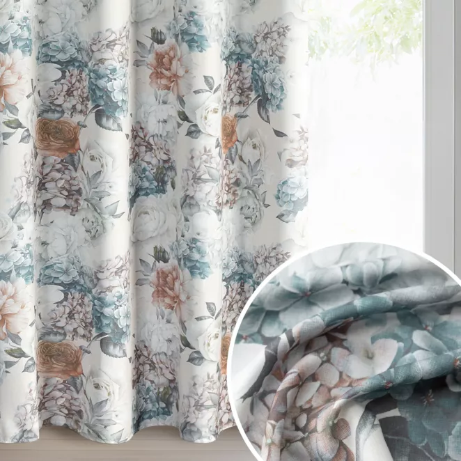 Zasłona kremowo, miętowa zdobiona motywem kwiatów 140x250 cm  przelotki - ANETT