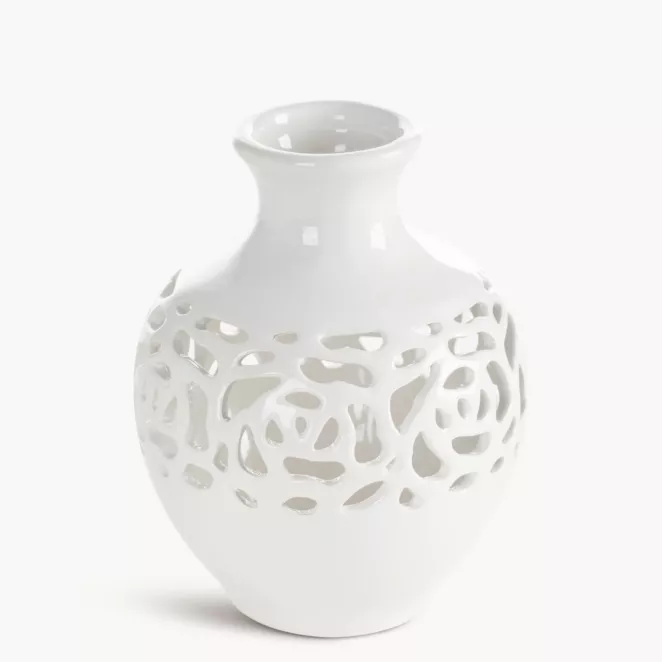 Wazon dekoracyjny biały wykończony ażurowym wzorem 14x18 cm CELIA