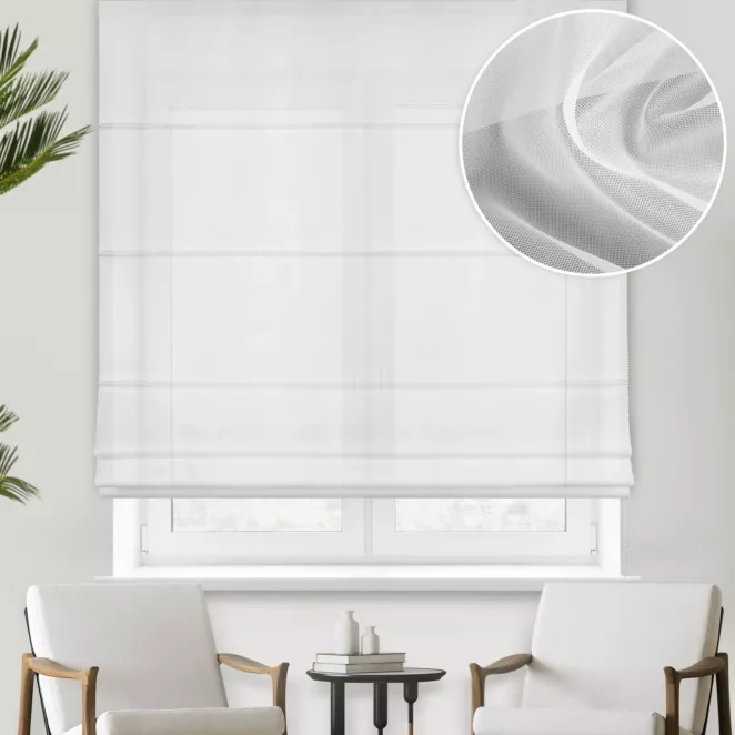 Roleta rzymska ERNESTA biała miękka w dotyku, matowa mikrosiateczka, wykończona obciążnikiem