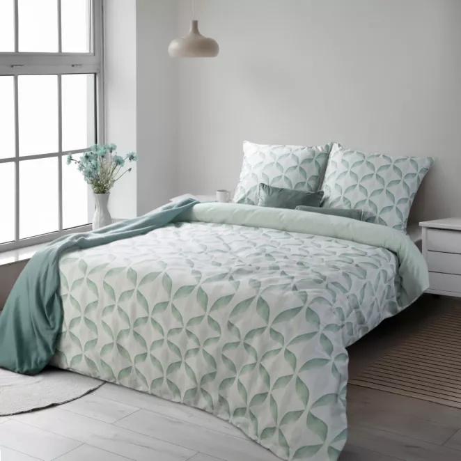 Pościel 140x200 cm komplet 2 częściowy satyna bawełniana kolor miętowo, biały zdobiony motywem geometrycznym SPRING 101