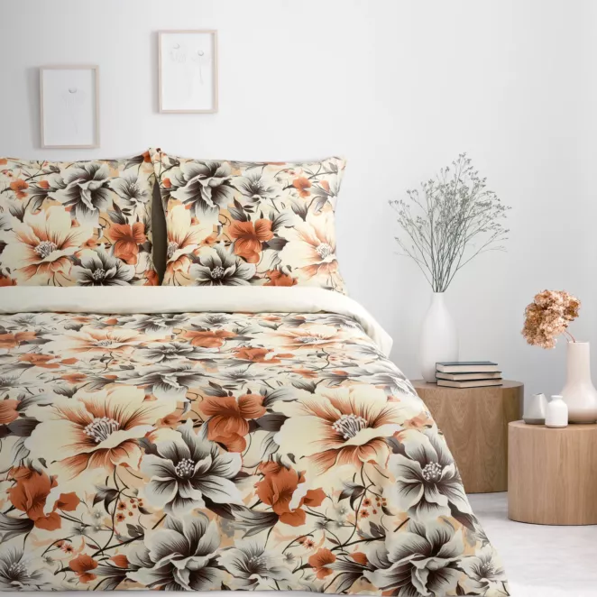 Pościel 220x200 cm bawełniana kolor ciemnokremowy, pomarańczowy z wzorem kwiatowym NIKA 51