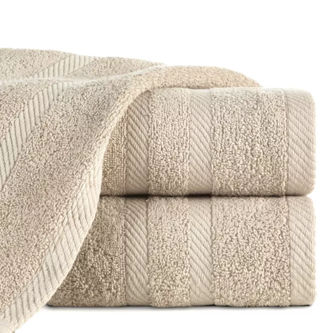 Ręcznik kąpielowy 100x150 cm bawełniany kolor beżowy z ozdobną bordiurą 500 g/m2 MILO