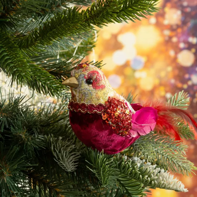 Ozdoba choinkowa PTAK z welwetu zdobiony błyszczącymi koralikami