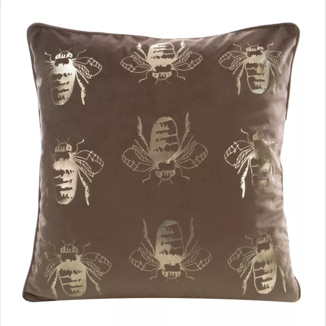 Poszewka na poduszkę 45x45 cm welwetowa, ciemnobeżowo złocista z motywem pszczół BILNK