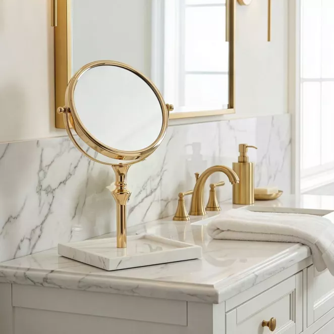 Lustro kremowe w złotej oprawie i marmurkową podstawą 20x18x34 cm