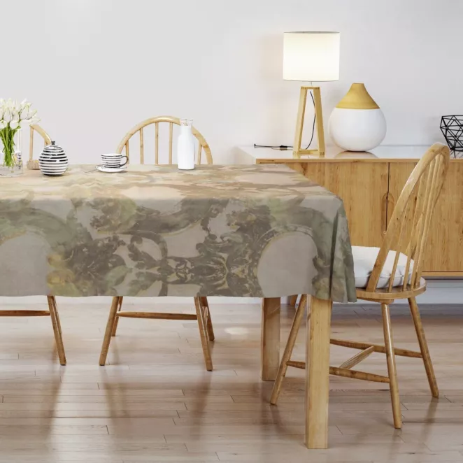 Obrus szyty beżowo złoty z eleganckiej welwetowej tkaniny, pokryta pięknym, nowoczesnym ornamentem Italissima Eva Minge