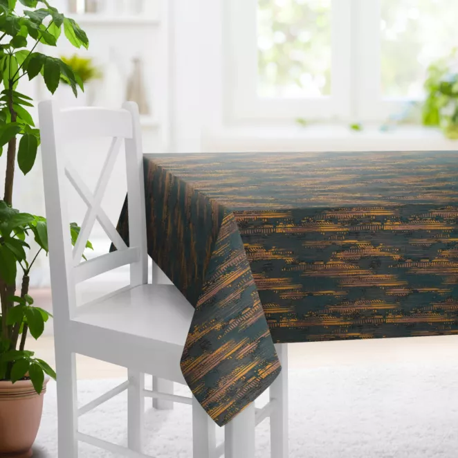 Obrus szyty turkusowy z miękko układającej się tkaniny z nowoczesnym nieregularnym wzorem