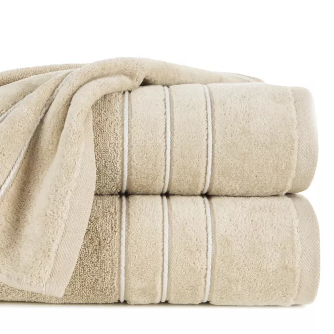 Ręcznik kąpielowy 70x140 cm bawełniany kolor beżowy z kontrastującymi paseczkami 500 g/m2 SIBEL