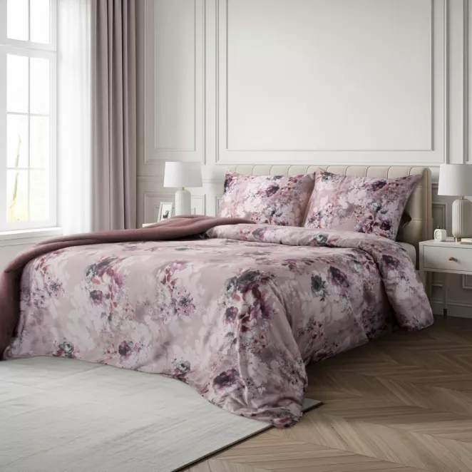 Pościel 160x200 cm z makosatyny bawełnianej kolor pudrowy, fioletowy z motywem kwiatów REINA 51 - kolekcja AMAROSA