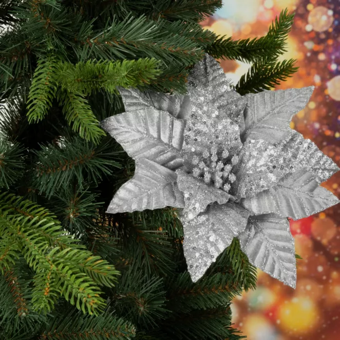 Świąteczny kwiat dekoracyjny z welwetu dekorowany brokatem