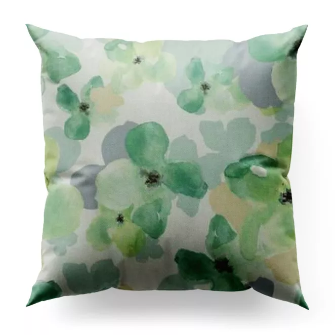 Poszewka szyta kremowo zielona z miękkiej tkaniny o lekkim splocie, pokryta modnym, botanicznym nadrukiem