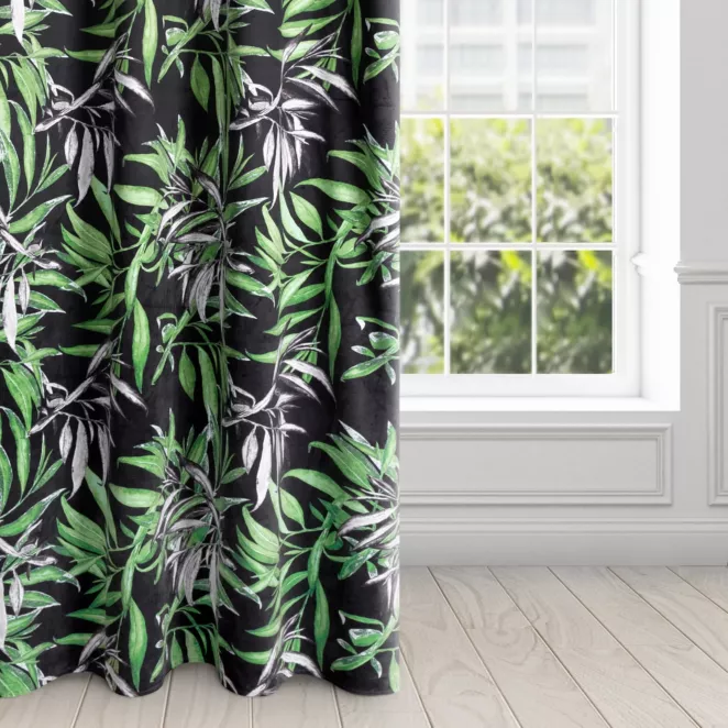Zasłona welwetowa czarno, zielona w stylu botanic 140x250 cm przelotka - ZOJA - Pierre Cardin