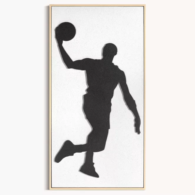 Obraz kremowo, czarny ręcznie malowany na płótnie z motywem koszykarza oprawiony w ramę 42x82 cm