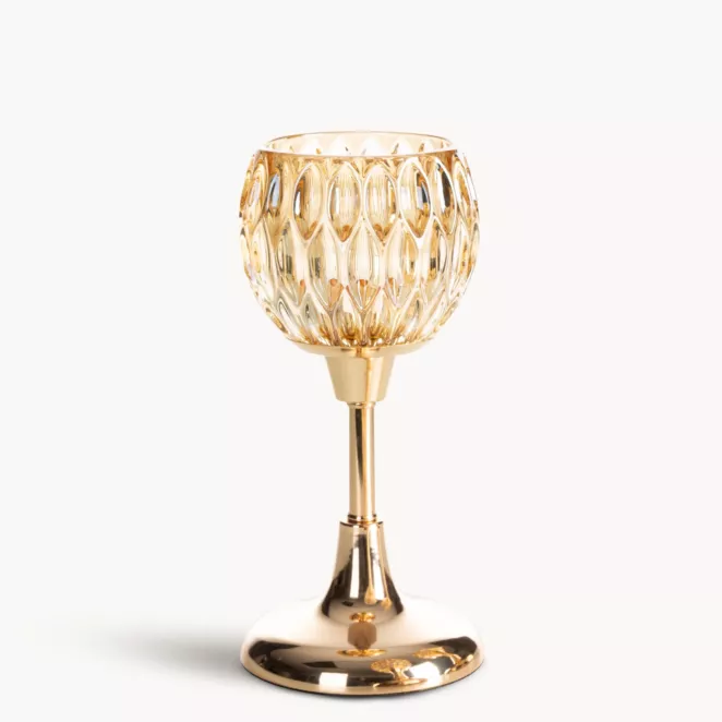 Świecznik dekoracyjny złoty ze szlanym tłoczonym kielichem  rozmiar 11x22 cm SALMA