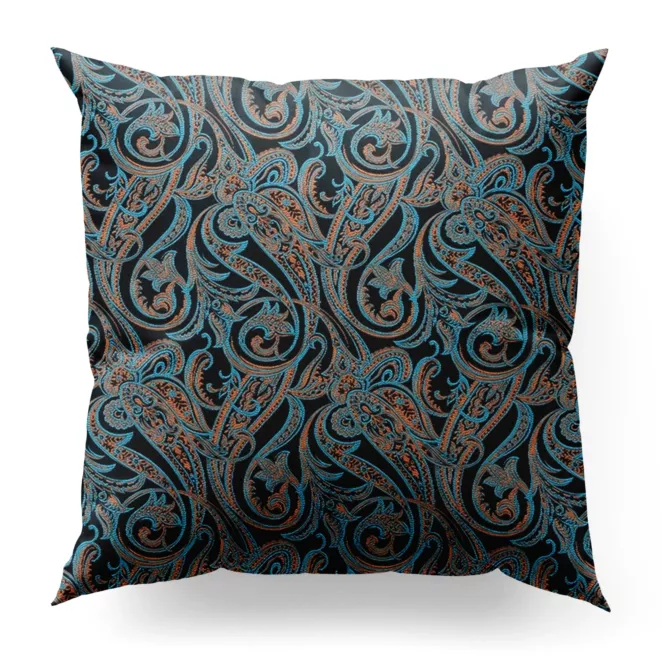 Poszewka szyta turkusowo miedziana z miękkiej w dotyku tkaniny, z fantazyjnym wzorem ornamentowym