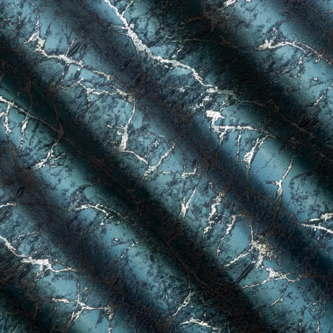 M219/6 Zasłona szyta na taśmie 5 cm turkusowo złota z tkaniny w elegancki nieregularny wzór z błyszczącą nicią i efektem 3D Italissima Eva Minge