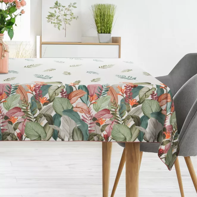 Obrus naturalno, zielony 160x350 cm INES z nadrukowanym motywem botanicznym