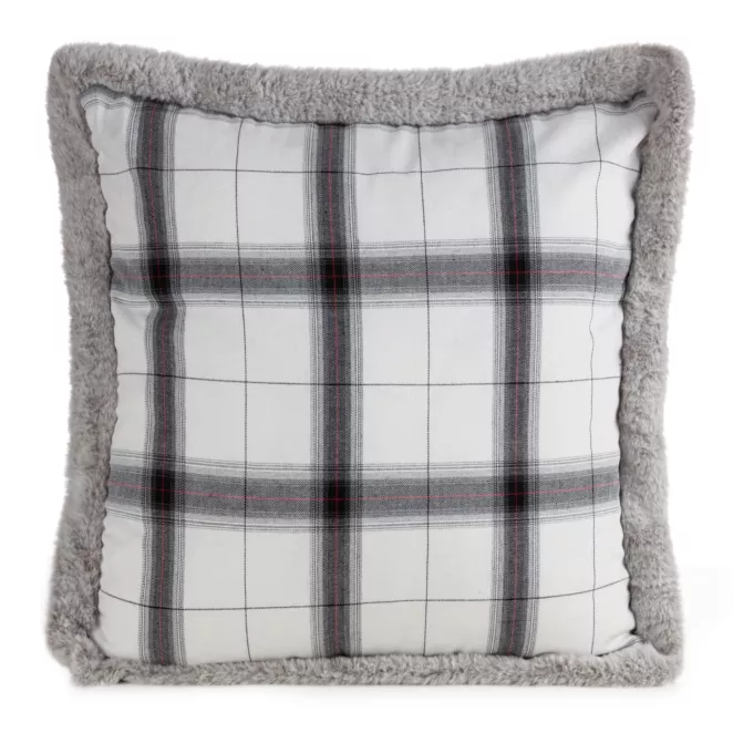 Poszewka na poduszkę 45x45 cm bawełniana, biało stalowa w kratkę z bokami obszytymi futerkiem