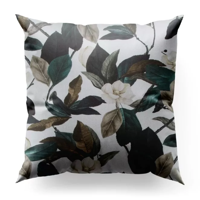 Poszewka szyta biało ciemnozielona z miękkiej tkaniny o naturalnym splocie z kwiatowym wzorem