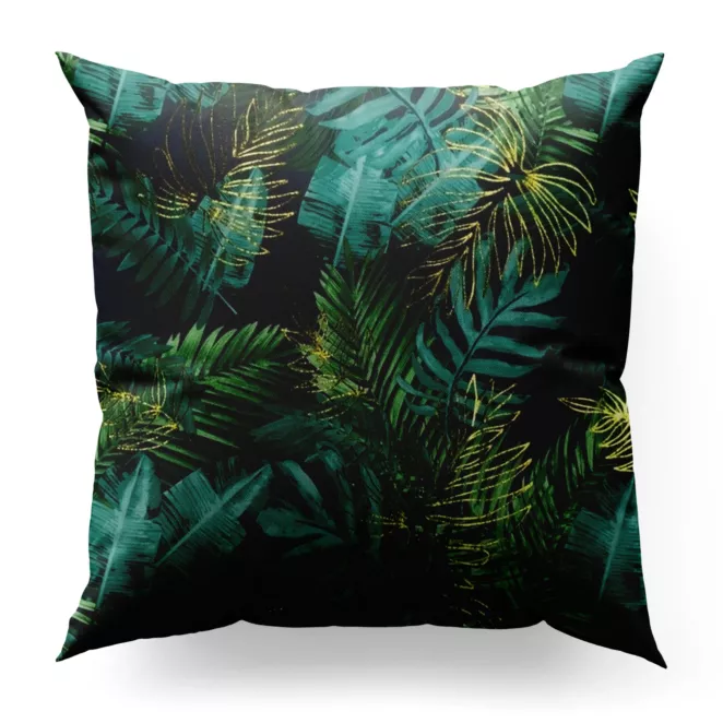 Poszewka szyta czarno zielona miękka, welwetowa, z błyszczącym nadrukowanym motywem botanicznym