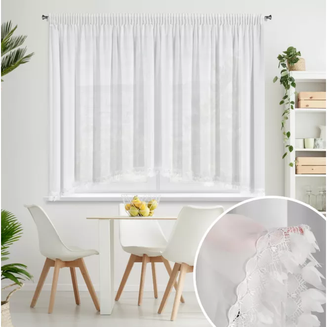 Firana typu łuk biała z szyfonu zdobiona aplikacją 400x160 cm taśma  - LORETA