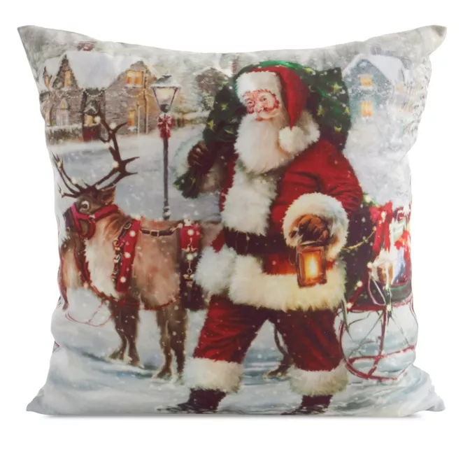 Poszewka na poduszkę 45x45 cm welwetowa czerwono, biała zdobiona  świątecznym nadrukiem Mikołaja