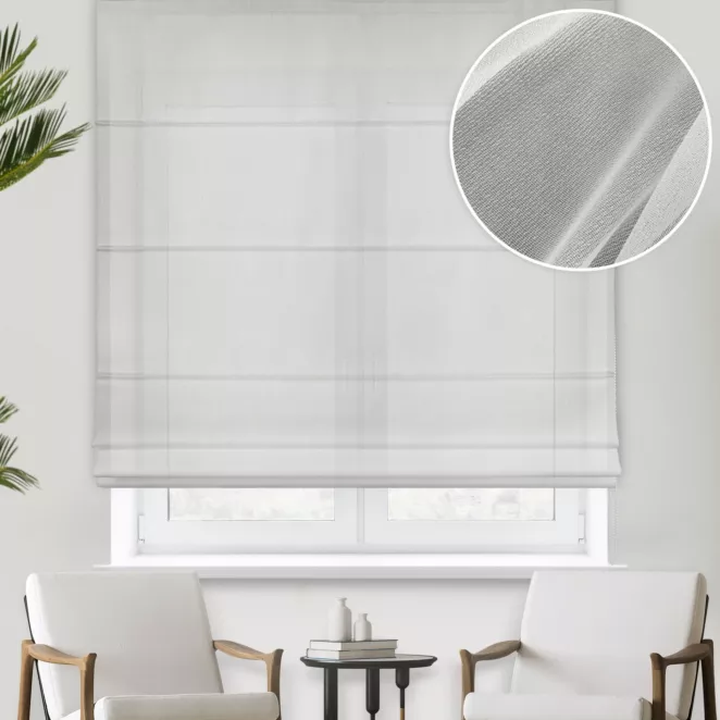 Roleta rzymska naturalno kremowa z półmatowej tkaniny z efektem deszczyku, wykończonej obciążnikiem