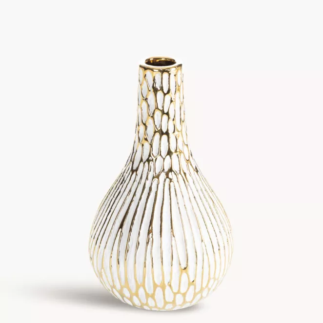 Wazon ceramiczny biało, złoty o ozdobnej fakturze 12x20 cm ANDREA