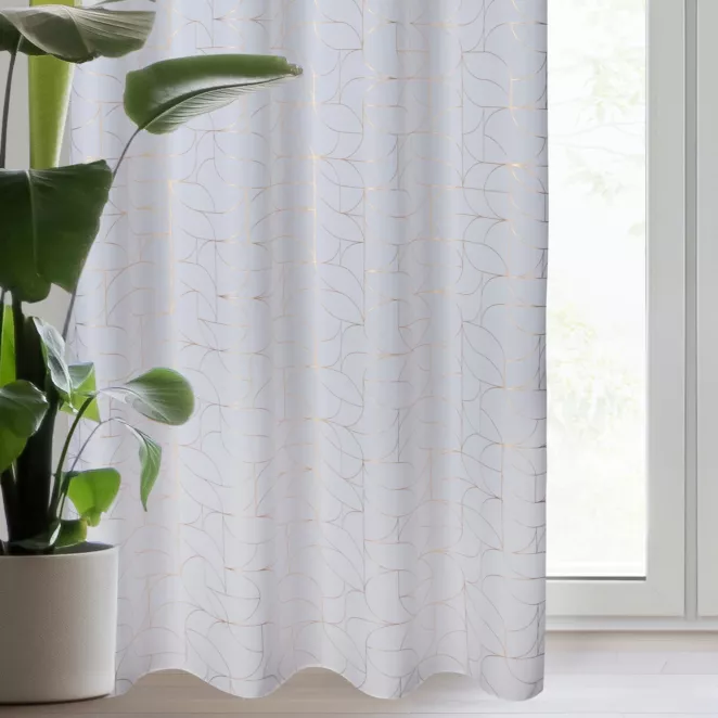 Zasłona biało, złota zdobiona nadrukiem geometrycznym z tkaniny typu oxford 140x250 cm przelotka - EVI