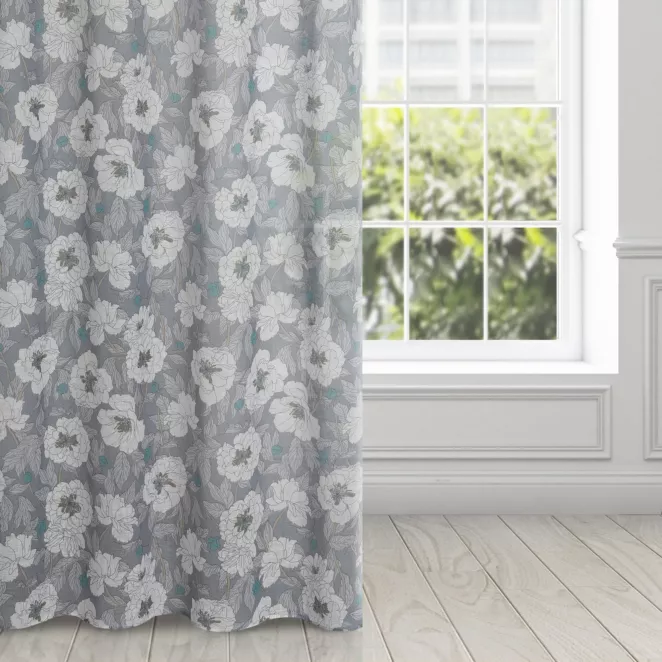 Zasłona popielato, biała w kwiaty o płóciennym splocie 140x250 przelotka - FABIA