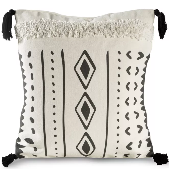 Poszewka na poduszkę 45x45 cm kremowo, stalowa z ozdobnymi pomponami z geometrycznym nadrukiem BOHO