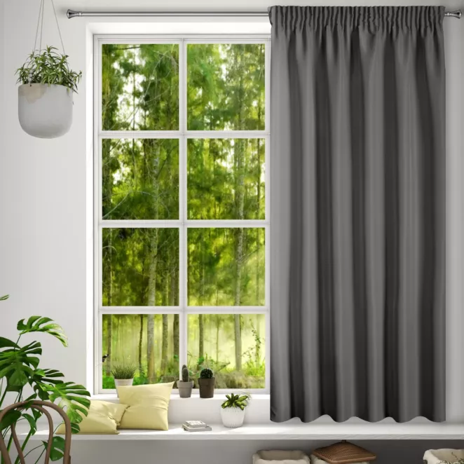 Zasłona grafitowa z matowej gładkiej tkaniny 140x175 cm taśma - RITA