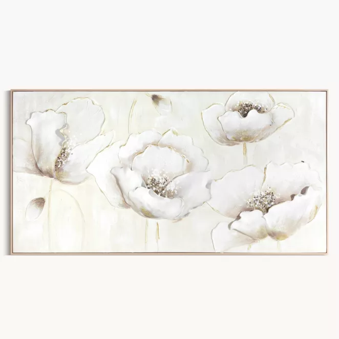 Obraz kremowo, złoty ręcznie malowany z kwiatowym motywem oprawiony w ramę 72x142 cm